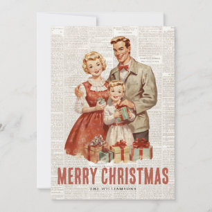 Retro-Weihnachtsfamilie auf altem Zeitungsmotiv Feiertagskarte