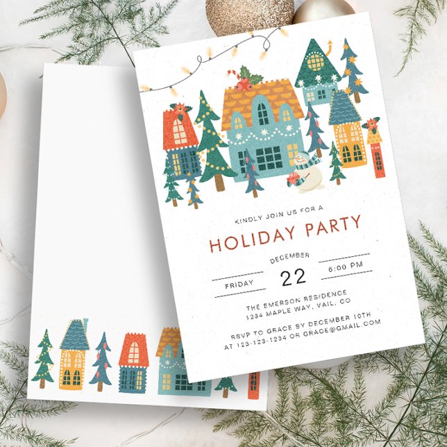 Retro Weihnachtsfeier Einladung (Retro Holiday Houses Party Invitation by Painted Paperie)