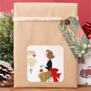 Retro-Weihnachtsfrau Weihnachtsmarke Holiday Aufkl Quadratischer Aufkleber