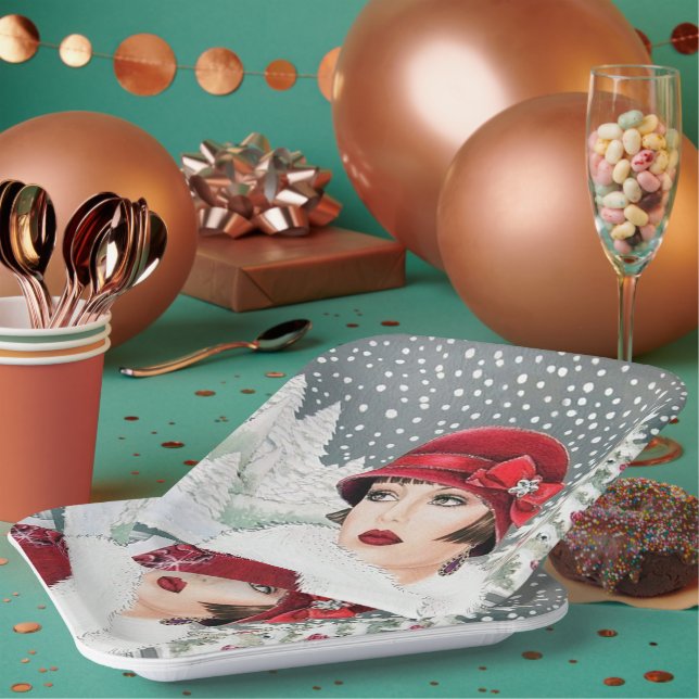 Retro Weihnachtsfrauen Pappteller (Multi)