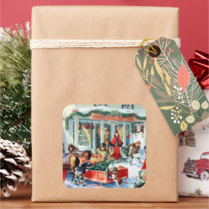 Retro-Weihnachtsgeschäft Quadratischer Aufkleber