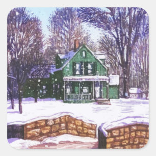 Retro-Weihnachtsgrün Winter-Heimatstraße Quadratischer Aufkleber