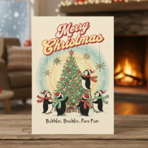 Retro-Weihnachtskarte 1950 mit Pinguinen und Baum