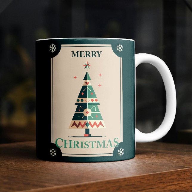 Retro Weihnachtskarte mit geometrischem Baumdesign Kaffeetasse (Von Creator hochgeladen)
