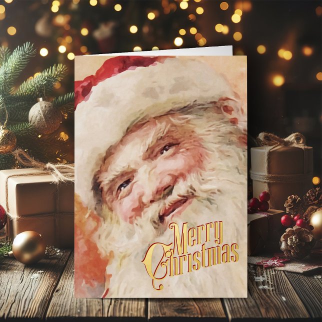 Retro Weihnachtskarte Vintag Frohe Weihnachten (Vintage Christmas cards gold foil Christmas card with retro Santa Claus)
