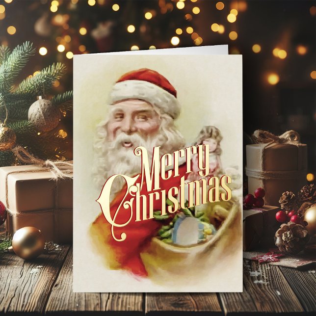 Retro Weihnachtskarte Vintag Frohe Weihnachten (Vintage Christmas cards gold foil Christmas card with retro Santa Claus)