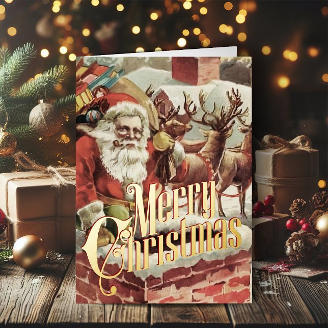 Retro Weihnachtskarte Vintag Frohe Weihnachten (Vintage Christmas cards gold foil Christmas card with retro Santa Claus)