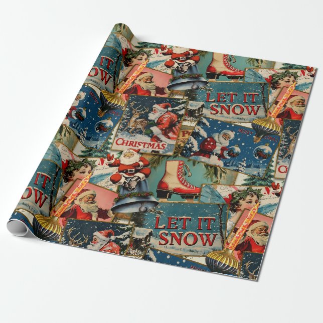 Retro-Weihnachtskarten-Collage Geschenkpapier (Ungerollt)