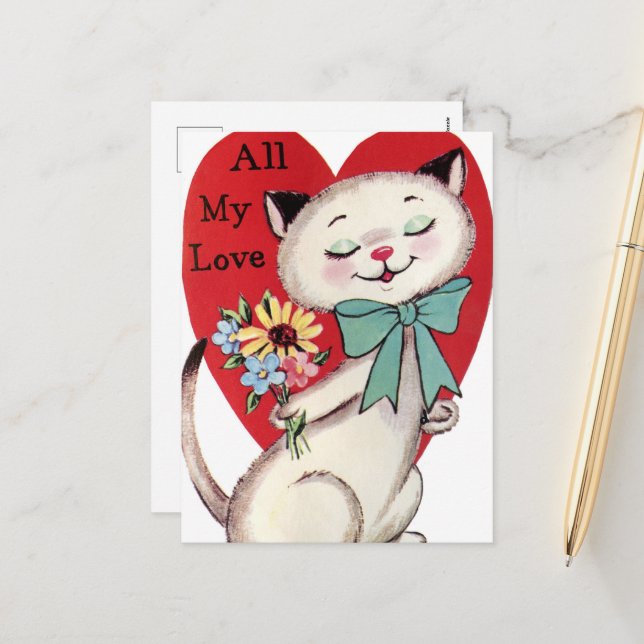 Retro-Weihnachtskatze Feiertagspostkarte (Vorderseite/Rückseite Beispiel)