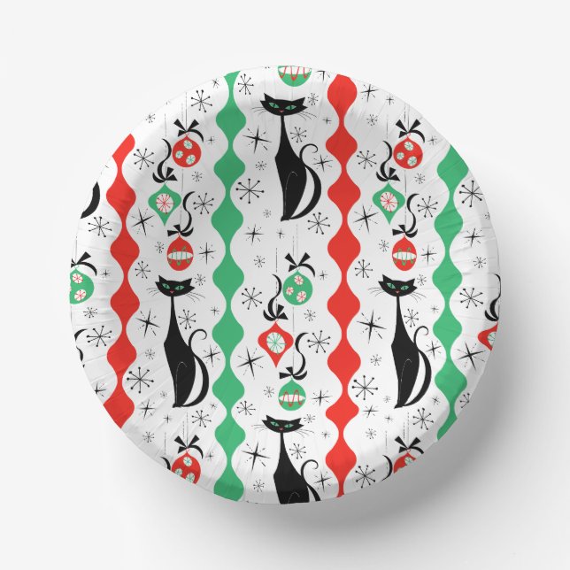 Retro Weihnachtskatze Streifen Multi rund Pappteller (Vorderseite)