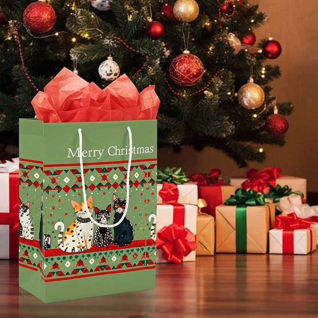 Retro Weihnachtskatzen Mittlere Geschenktüte (Von Creator hochgeladen)