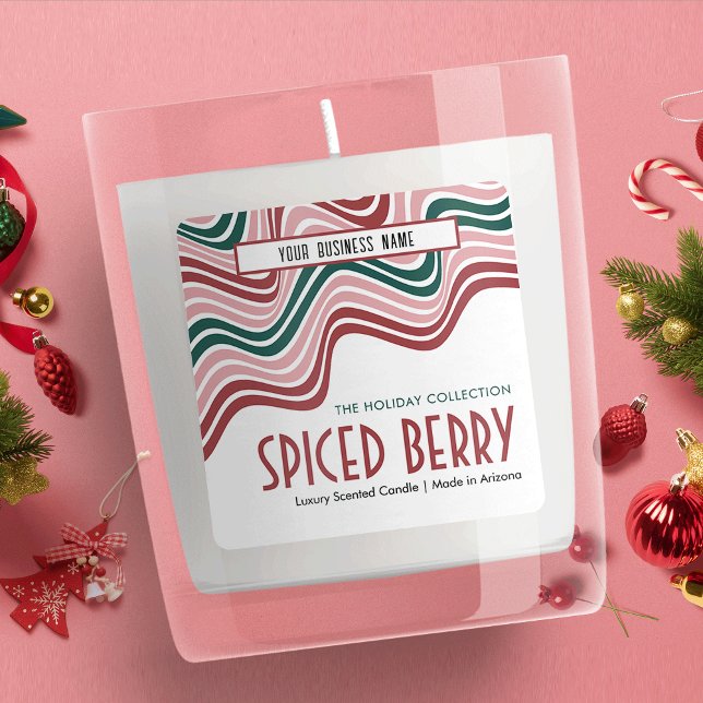 Retro Weihnachtskerzen Verpackung Red Green Groovy Quadratischer Aufkleber (Add a retro touch to your holiday packaging design with this nostalgic jar label in red and green)