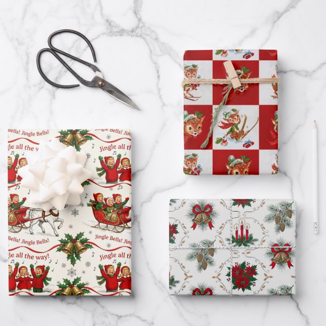 Retro-Weihnachtsklassiker-Trio Geschenkpapier Set (Vorderseite)