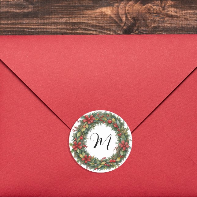 Retro Weihnachtskranz und Monogramm Wasserfarbe Runder Aufkleber (Von Creator hochgeladen)