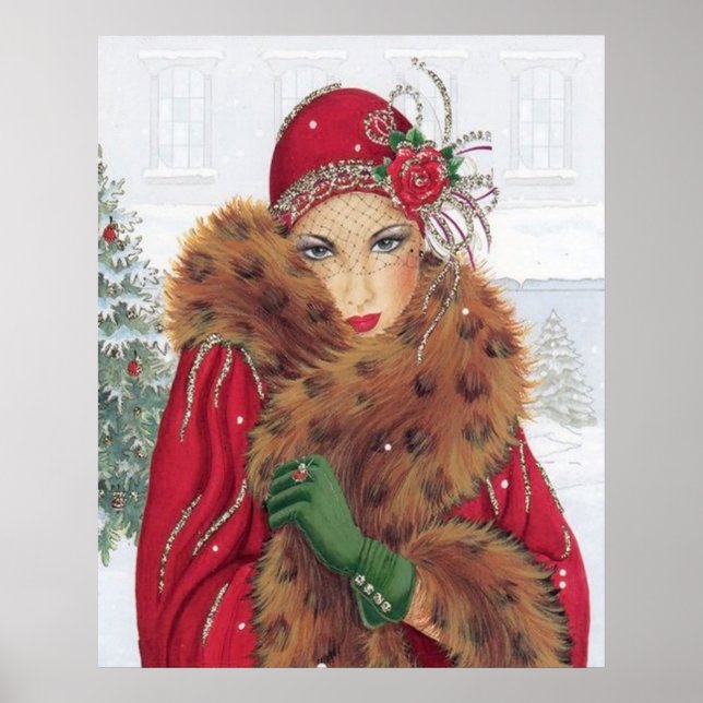 Retro Weihnachtskunst Deko Lady Poster (Vorne)