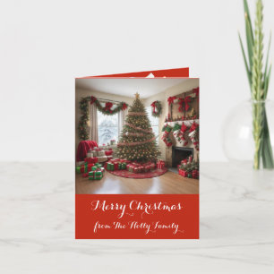 Retro Weihnachtslandschaft, Baum, Geschenke, Karte
