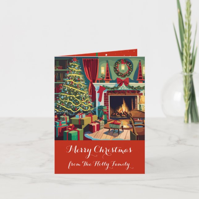 Retro Weihnachtslandschaft, Baum, Geschenke, Karte (Vorderseite)