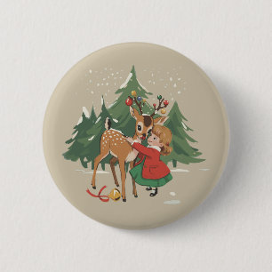Retro-Weihnachtsmädchen und Rentier Vintage-Baum  Button