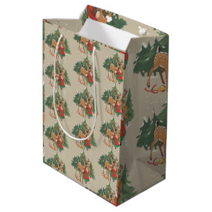 Retro-Weihnachtsmädchen und Rentier Vintage-Baum  Mittlere Geschenktüte