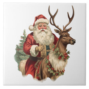 Retro Weihnachtsmann auf einem Rentier Weihnachten Fliese
