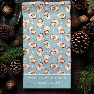 Retro Weihnachtsmann Blau Personalisierter Name We Geschirrtuch