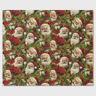 Retro-Weihnachtsmann-Gesichter und Stechpalme Geschenkpapier