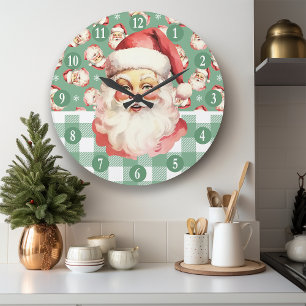 Retro Weihnachtsmann Grün-Weiß Kariert Weihnachten Große Wanduhr