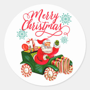 Retro Weihnachtsmann im Süßigkeiten-Auto Runder Aufkleber