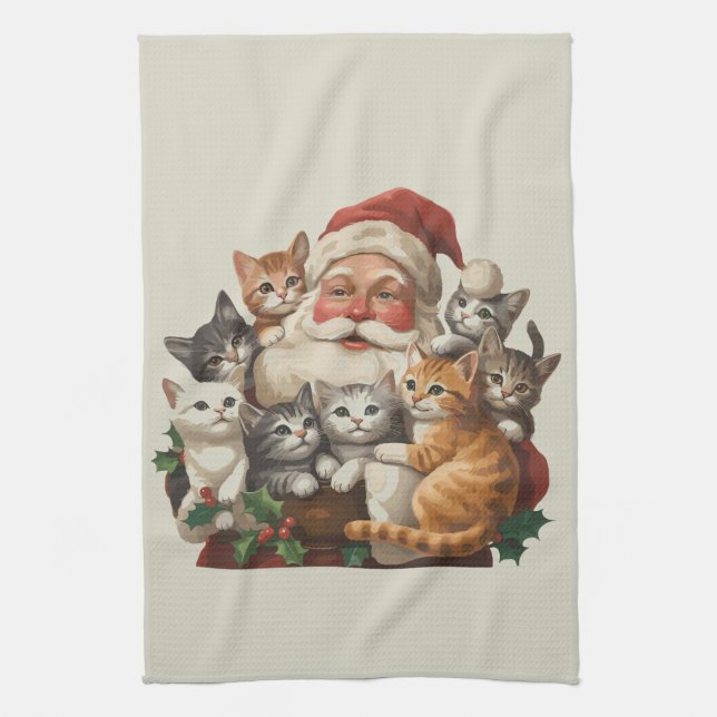 Retro Weihnachtsmann & Kätzchen Weihnachten Winter Geschirrtuch (Vertikal)