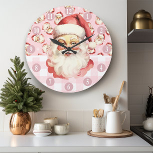 Retro Weihnachtsmann Rosa und Weiß Kariert Weihnac Große Wanduhr