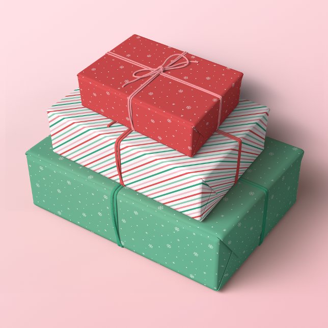 Retro Weihnachtsmuster in Rot, Rosa und Grün Geschenkpapier Set (Set of 3 Minimalist Retro Christmas with stripes and snowflakes in red, green and pink)