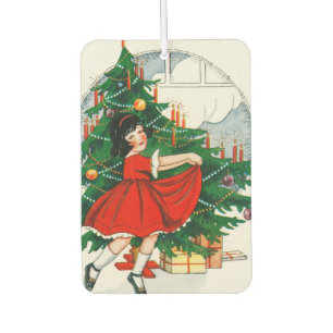 Retro-Weihnachtspostkarte, Kind und Weihnachtsbaum Autolufterfrischer