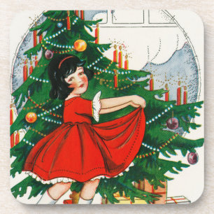 Retro-Weihnachtspostkarte, Kind und Weihnachtsbaum Getränkeuntersetzer