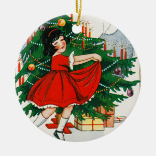 Retro-Weihnachtspostkarte, Kind und Weihnachtsbaum Keramik Ornament