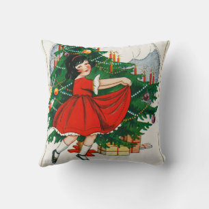 Retro-Weihnachtspostkarte, Kind und Weihnachtsbaum Kissen