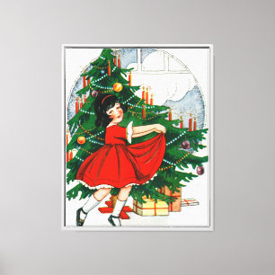 Retro-Weihnachtspostkarte, Kind und Weihnachtsbaum Leinwanddruck