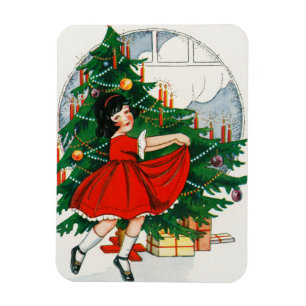 Retro-Weihnachtspostkarte, Kind und Weihnachtsbaum Magnet