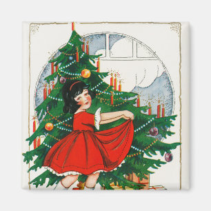Retro-Weihnachtspostkarte, Kind und Weihnachtsbaum Magnet