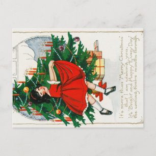 Retro-Weihnachtspostkarte, Kind und Weihnachtsbaum Postkarte