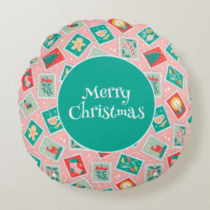 Retro-Weihnachtspostmarken Rundes Kissen