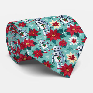 Retro-Weihnachtsroboter und Poinsettien Mintgrün Krawatte