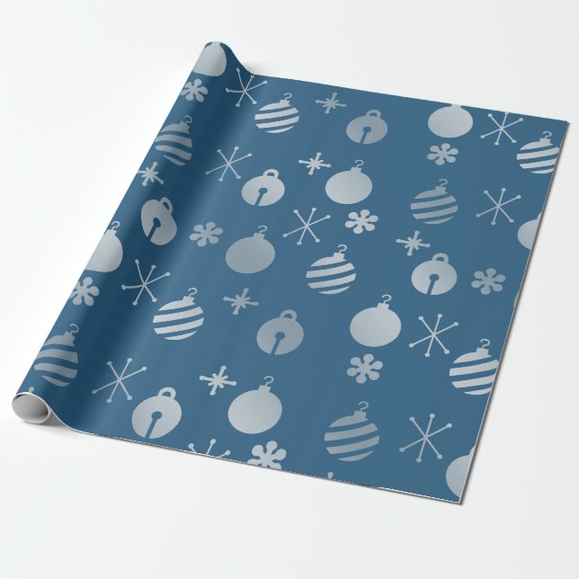 Retro Weihnachtsschmuck Blue Silver Geschenkpapier (Ungerollt)