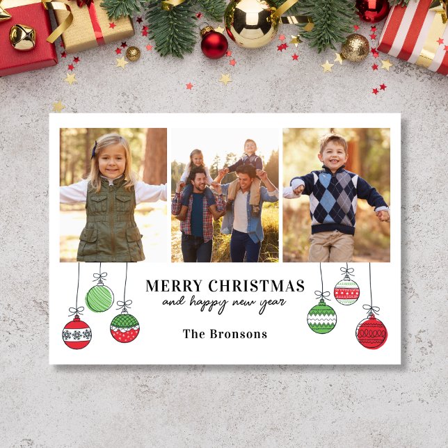 Retro Weihnachtsschmuck Feiertagskarte (3 photo Christmas Card with ornament doodles)