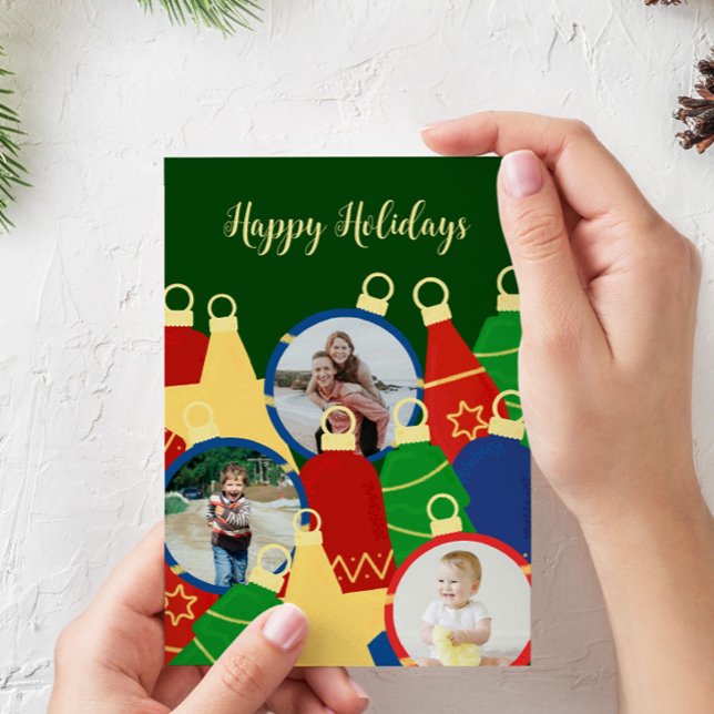 Retro Weihnachtsschmuck Foto Feiertagskarte (Retro custom christmas card with ornaments and your photos)