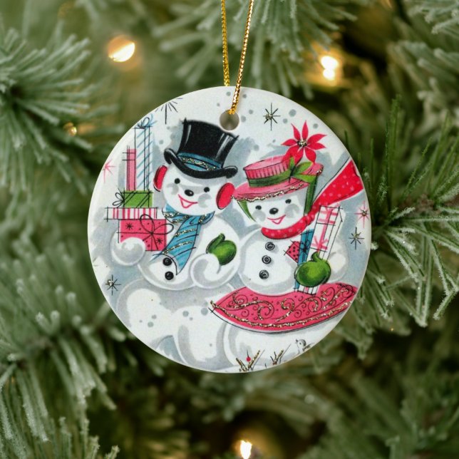 Retro-Weihnachtsschnee-Paar fühlen sich fühlen Keramik Ornament (Baum)
