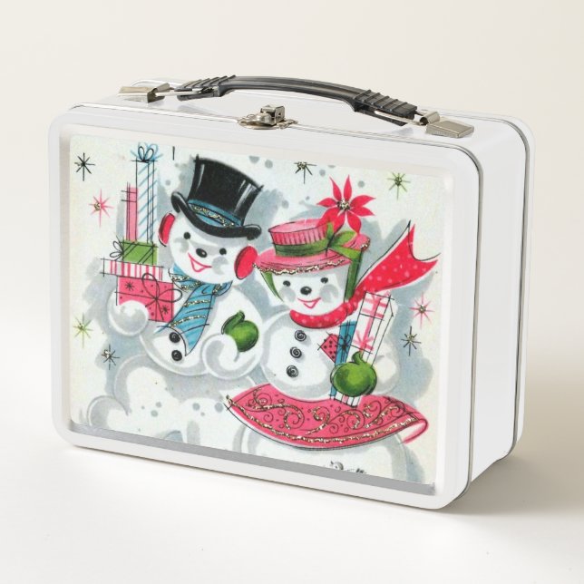Retro-Weihnachtsschnee-Paar Holiday Metall Brotdose (Vorderseite)