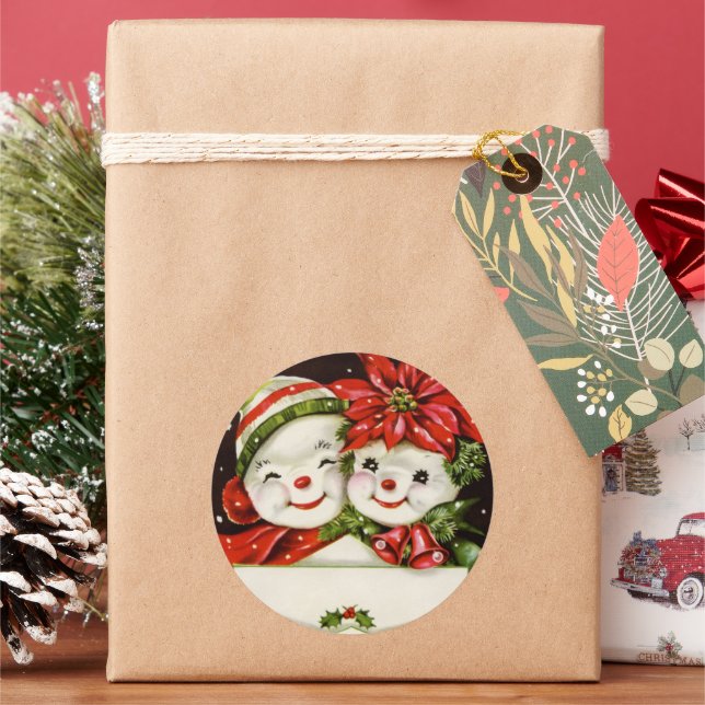 Retro-Weihnachtsschnee-Paar Holiday Runder Aufkleber (Feiertag)