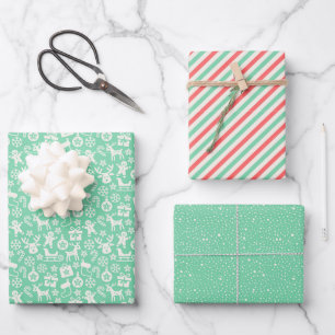 Retro Weihnachtsstreifen, Polka Dots, Rentier Geschenkpapier Set