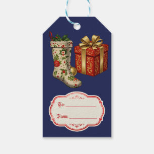 Retro-Weihnachtsstrümpfe Blau im Vintage-Stil Geschenkanhänger