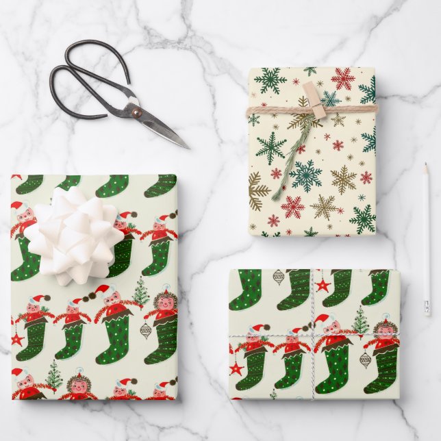 Retro-Weihnachtsstrümpfe Geschenkpapier Set (Vorderseite)